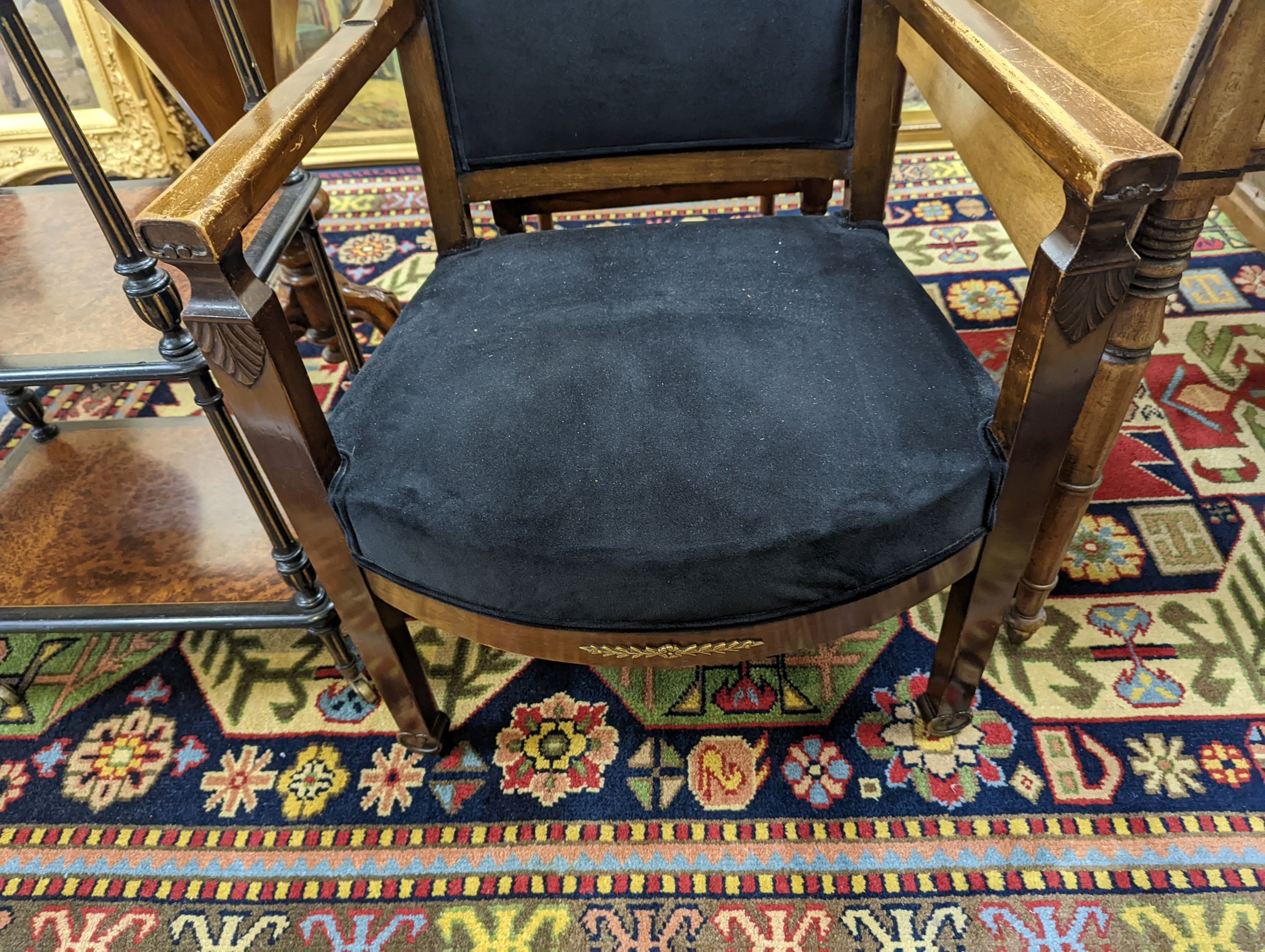 An Empire style gilt metal mounted beech elbow chair together with a late Victorian inlaid corner chair